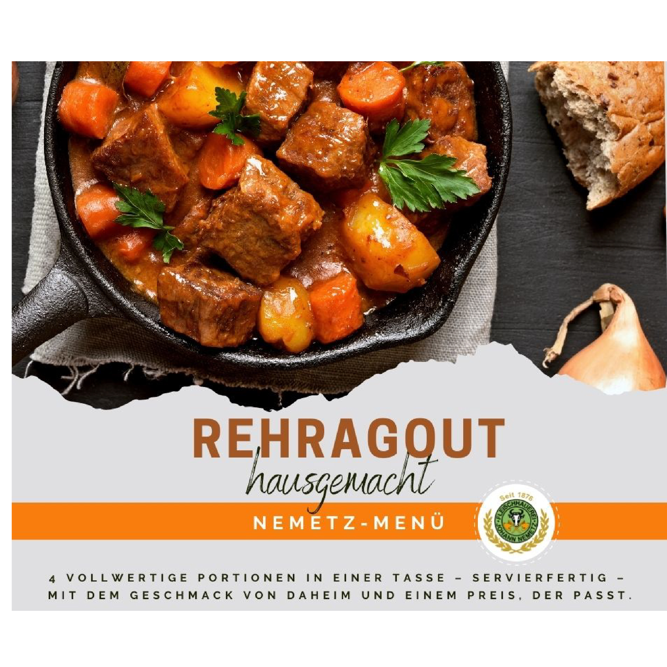 Hausgemachtes Rehragout-Men, 4 Portionen, fertig gekocht