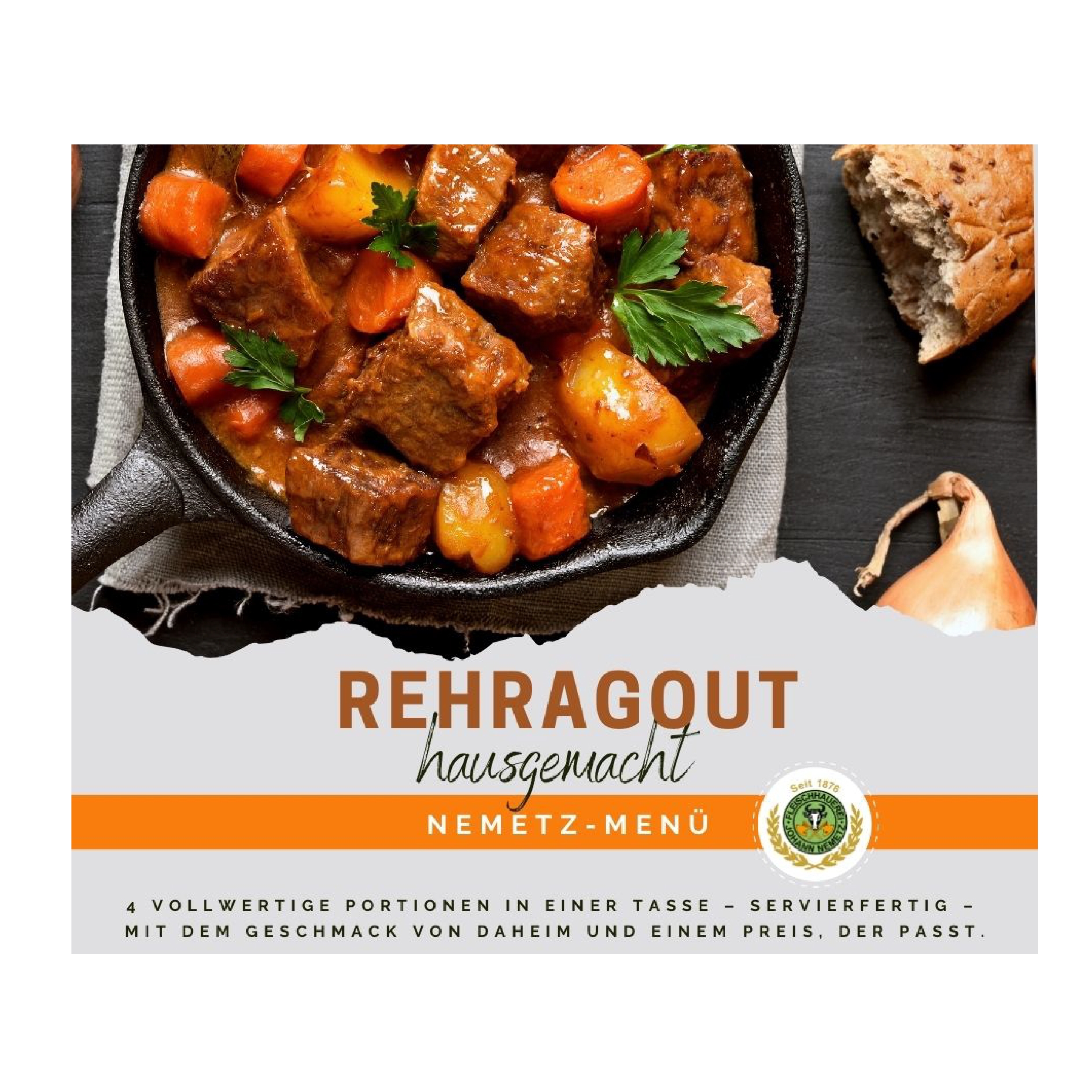 Hausgemachtes Rehragout-Men, 4 Portionen, fertig gekocht